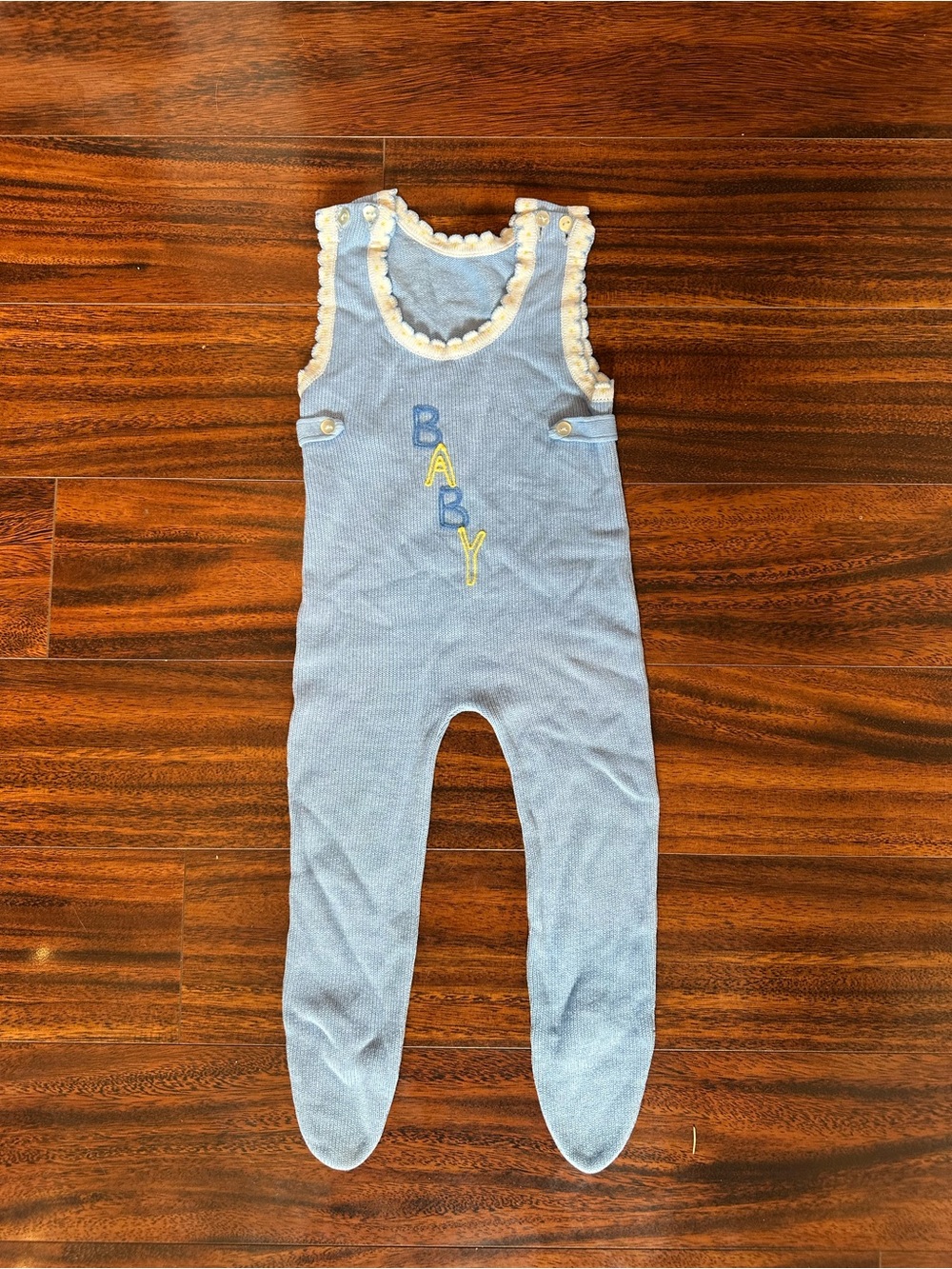 Vintage Light Blue Ribbed Knit Baby Footie Jumpsuit